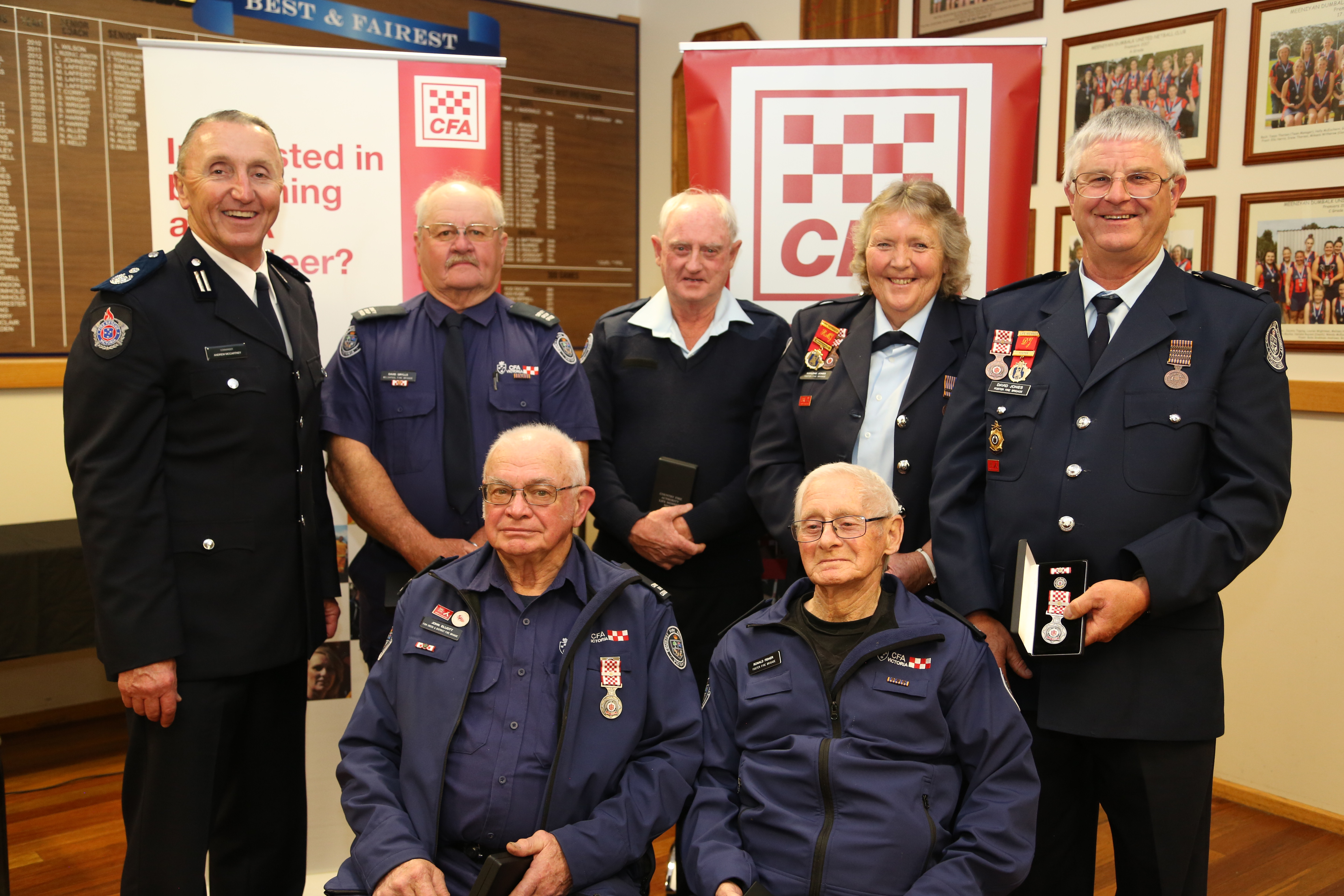 CFA Life Membership was presented to, from back left, David Grylls (Welshpool), Charlie Young (Dumbalk), Kaylene Jones (Foster) and David Jones (Foster). Front, John Elliot (Fish Creek & District), Ron Fisher (Foster).